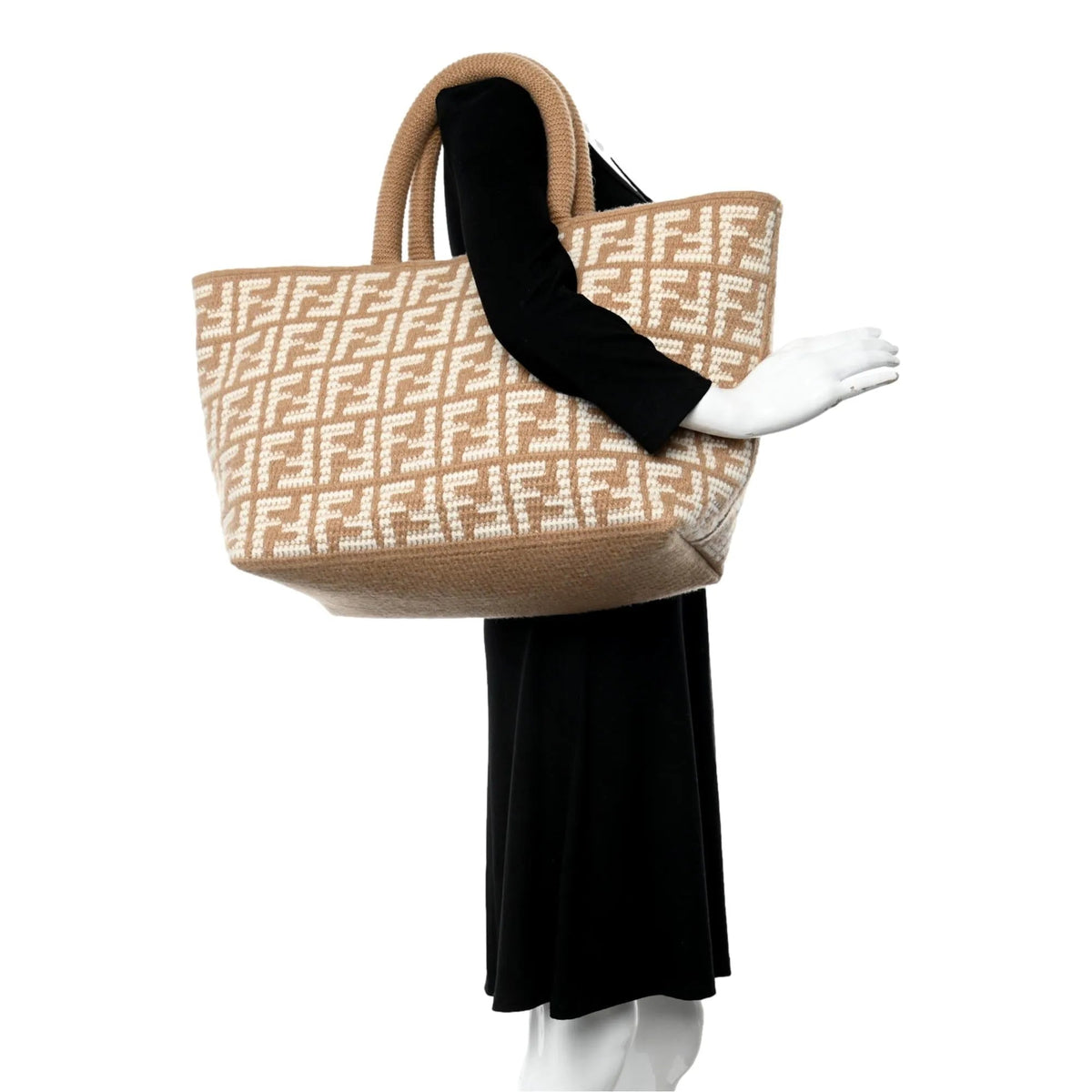 Fendi FF Cammello Beige Knitted Cashmere Large Shopper Tote Bag - Handbags - Clayton's Online Store