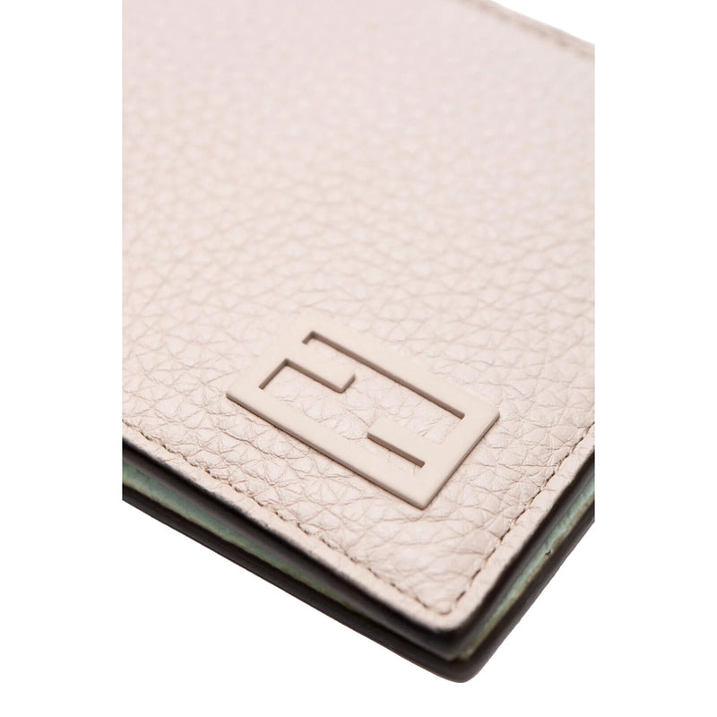 Fendi FF Logo Plaque Light Gray Pebbled Calf Leather Bifold Wallet