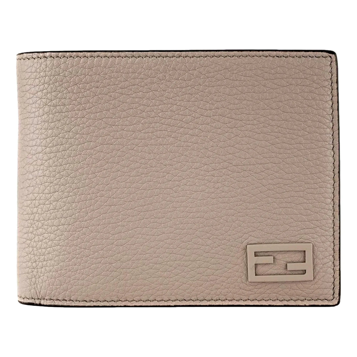 Fendi FF Logo Plaque Light Gray Pebbled Calf Leather Bifold Wallet