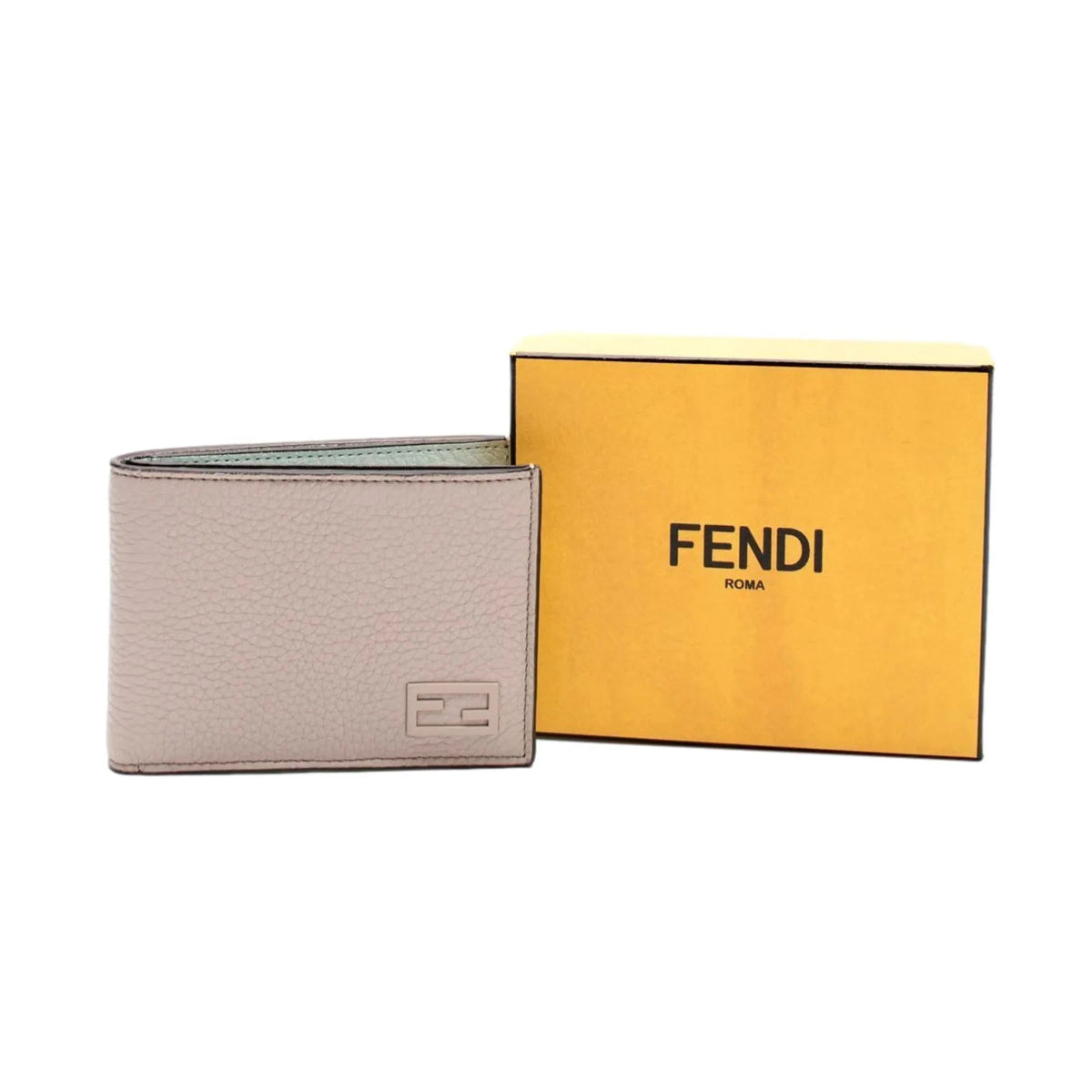 Fendi FF Logo Plaque Light Gray Pebbled Calf Leather Bifold Wallet - Wallets - Clayton's Online Store