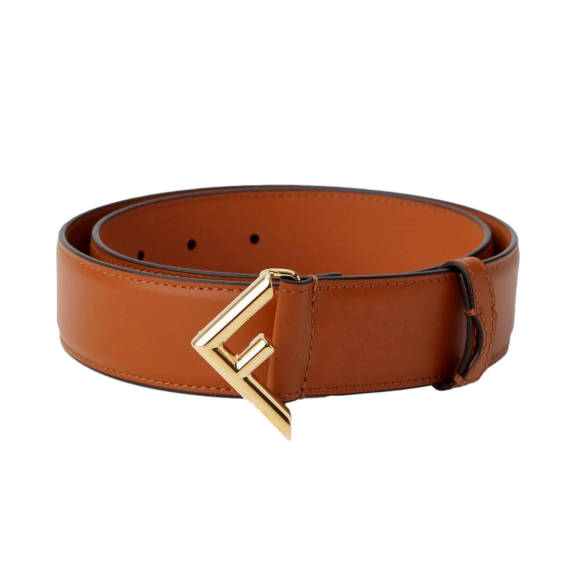 Fendi First Gold Logo Cuoio Brown Calf Leather Belt Size 90