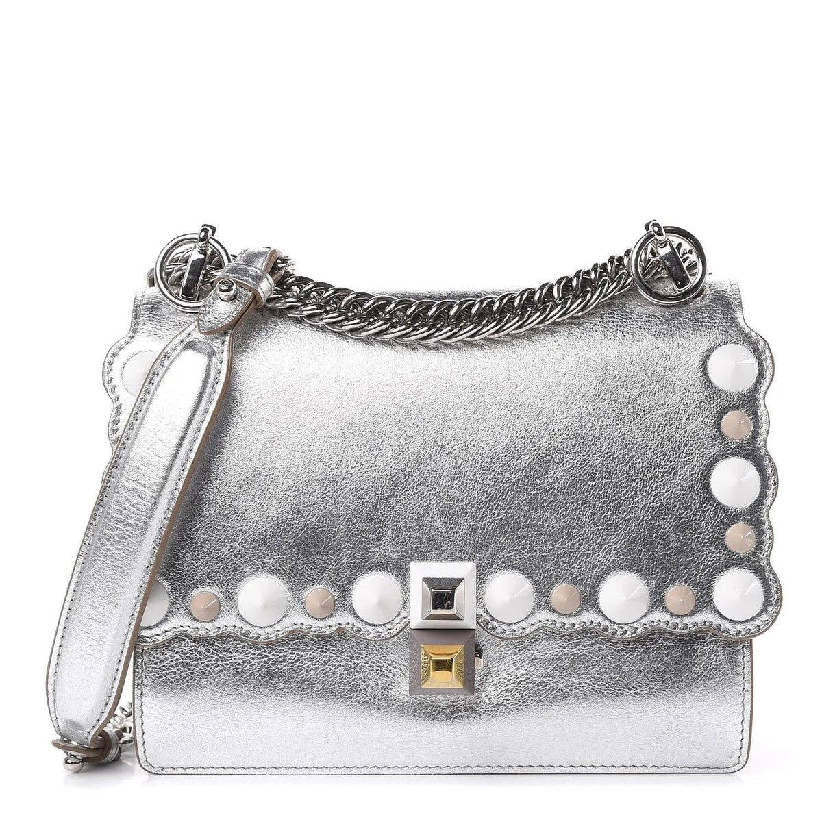 Fendi Kan I Metallic Silver Calfskin Scalloped Studded Bag - Handbags - Clayton's Online Store