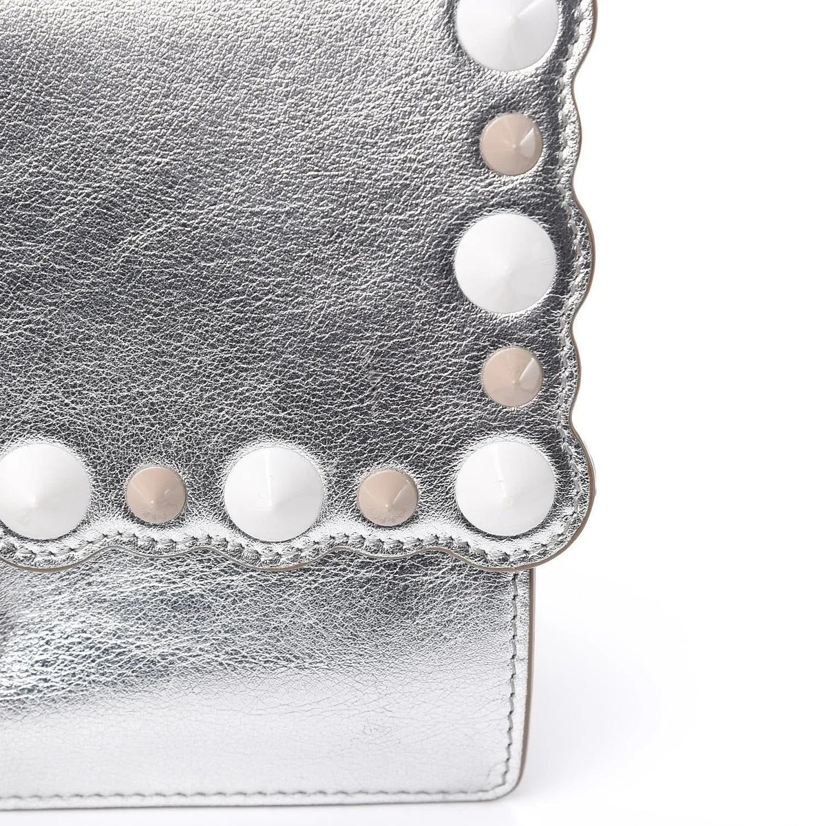 Fendi Kan I Metallic Silver Calfskin Scalloped Studded Bag - Handbags - Clayton's Online Store