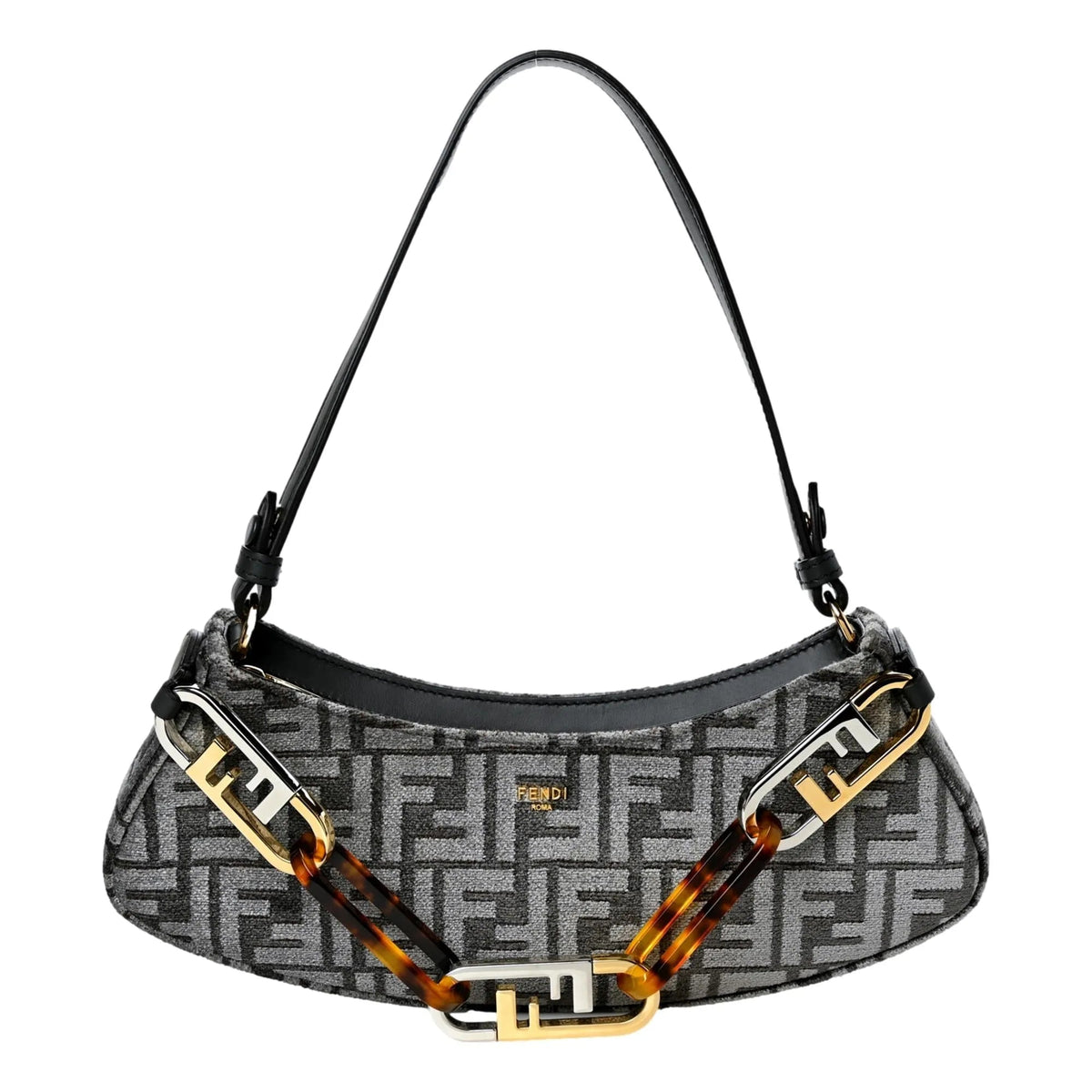 Fendi O'Lock Swing FF Logo Anthracite Gray Chenille Shoulder Bag - Handbags - Clayton's Online Store