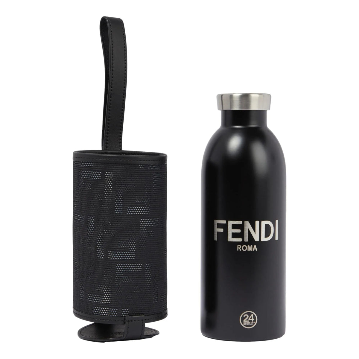 Fendi Roma Black Steel Bottle and FF Woven Canvas Holder Set - Handbags - Clayton's Online Store