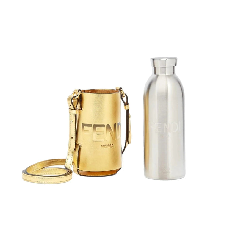 Fendi Roma Logo Steel Bottle and Gold Leather Holder Set - Handbags - Clayton's Online Store