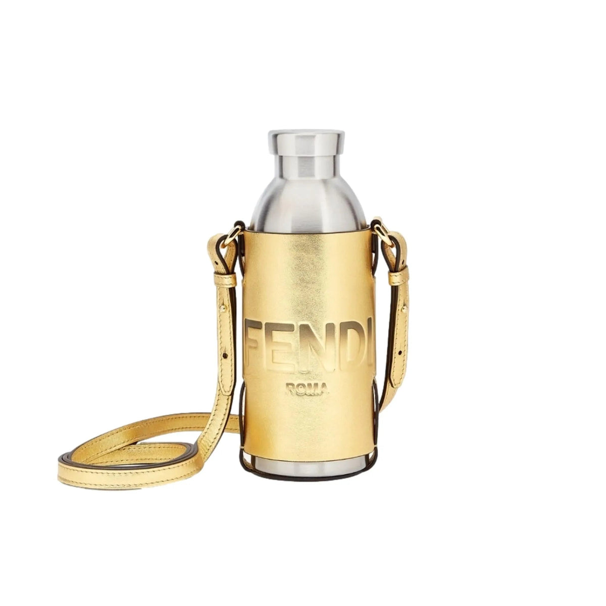 Fendi Roma Logo Steel Bottle and Gold Leather Holder Set - Handbags - Clayton's Online Store