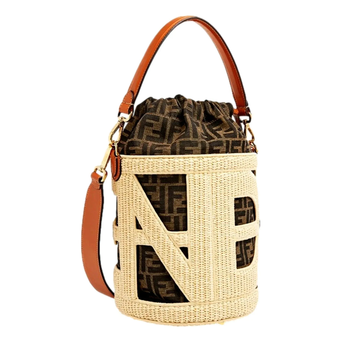 Fendi Step Out Straw and Canvas Medium Shoulder Bucket Bag