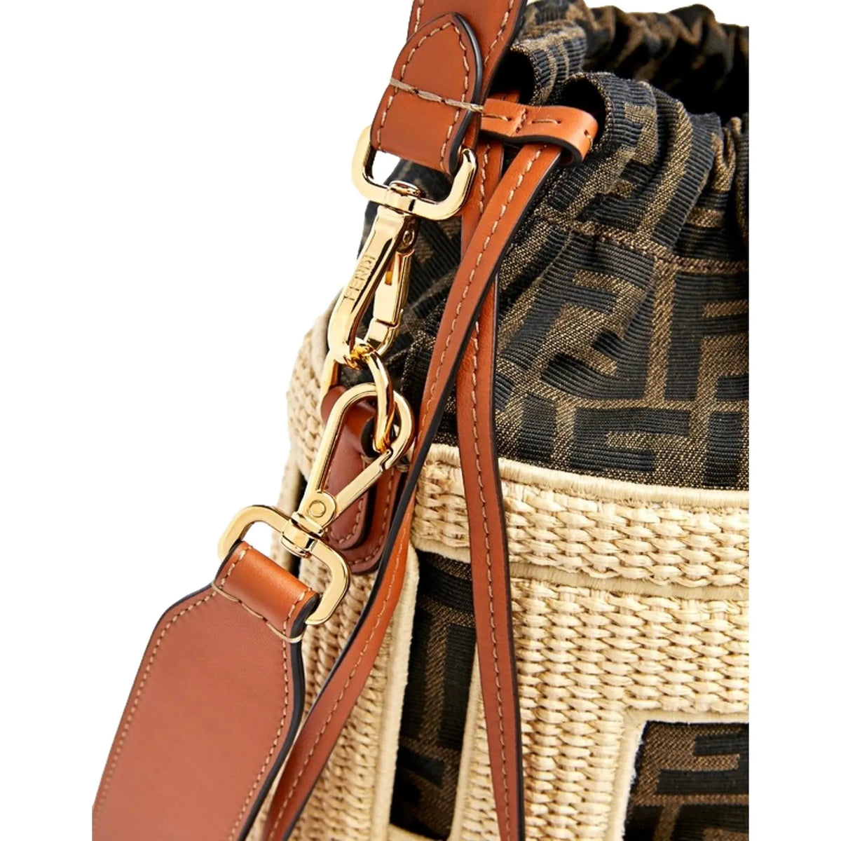 Fendi Step Out Straw and Canvas Medium Shoulder Bucket Bag