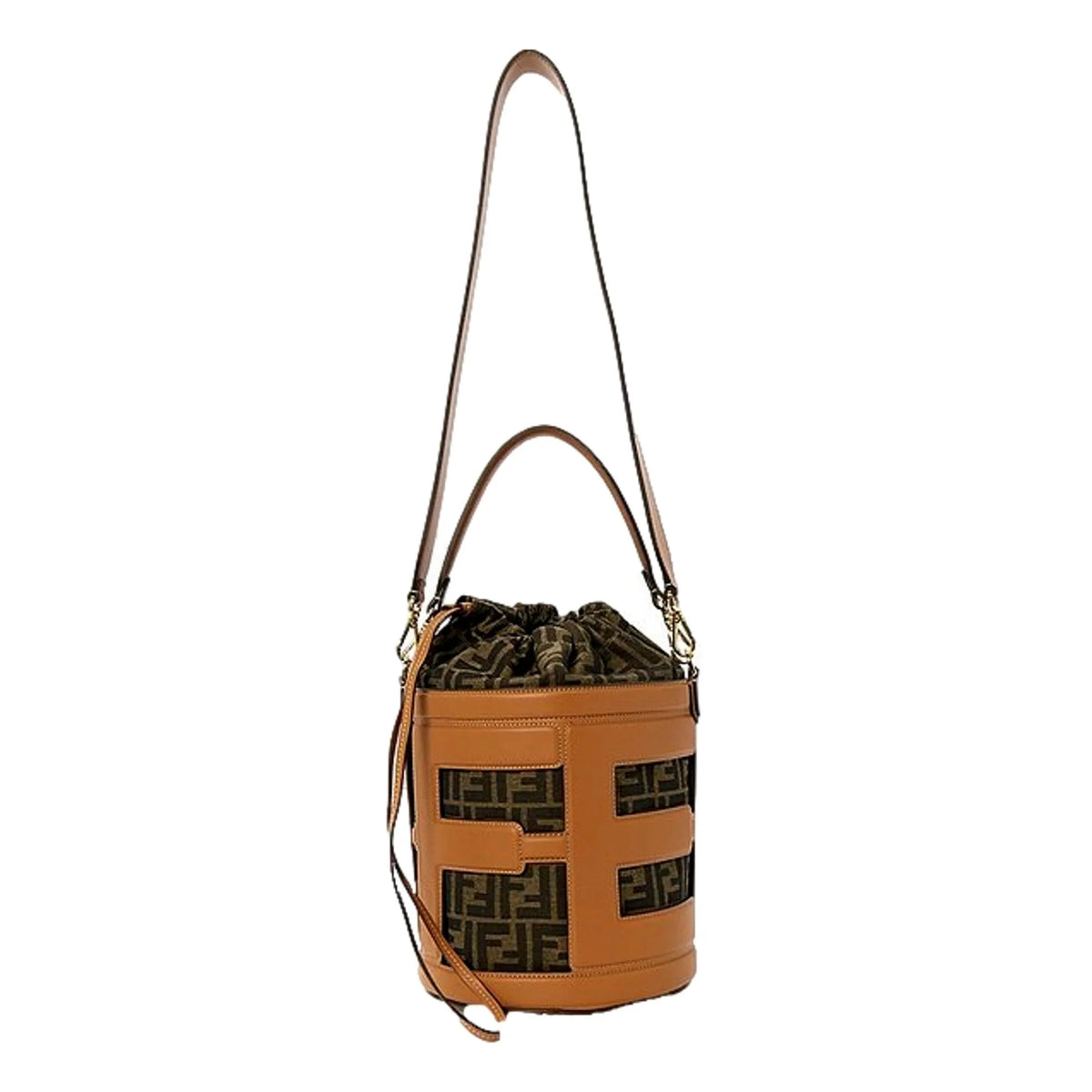 Fendi Step - Out Bucket Bag Brown Fabric and Leather Medium Fendi Logo - Handbags - Clayton's Online Store