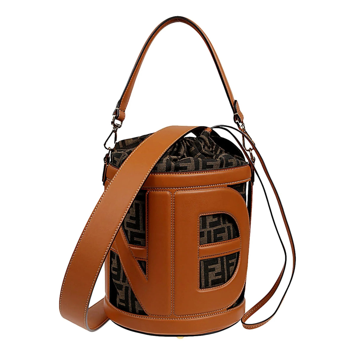 Fendi Step - Out Bucket Bag Brown Fabric and Leather Medium Fendi Logo - Handbags - Clayton's Online Store