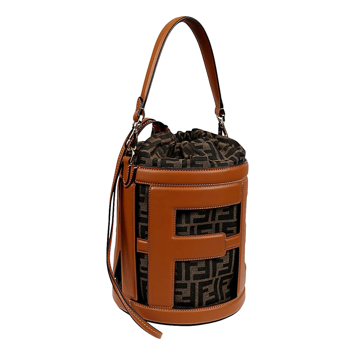 Fendi Step - Out Bucket Bag Brown Fabric and Leather Medium Fendi Logo - Handbags - Clayton's Online Store