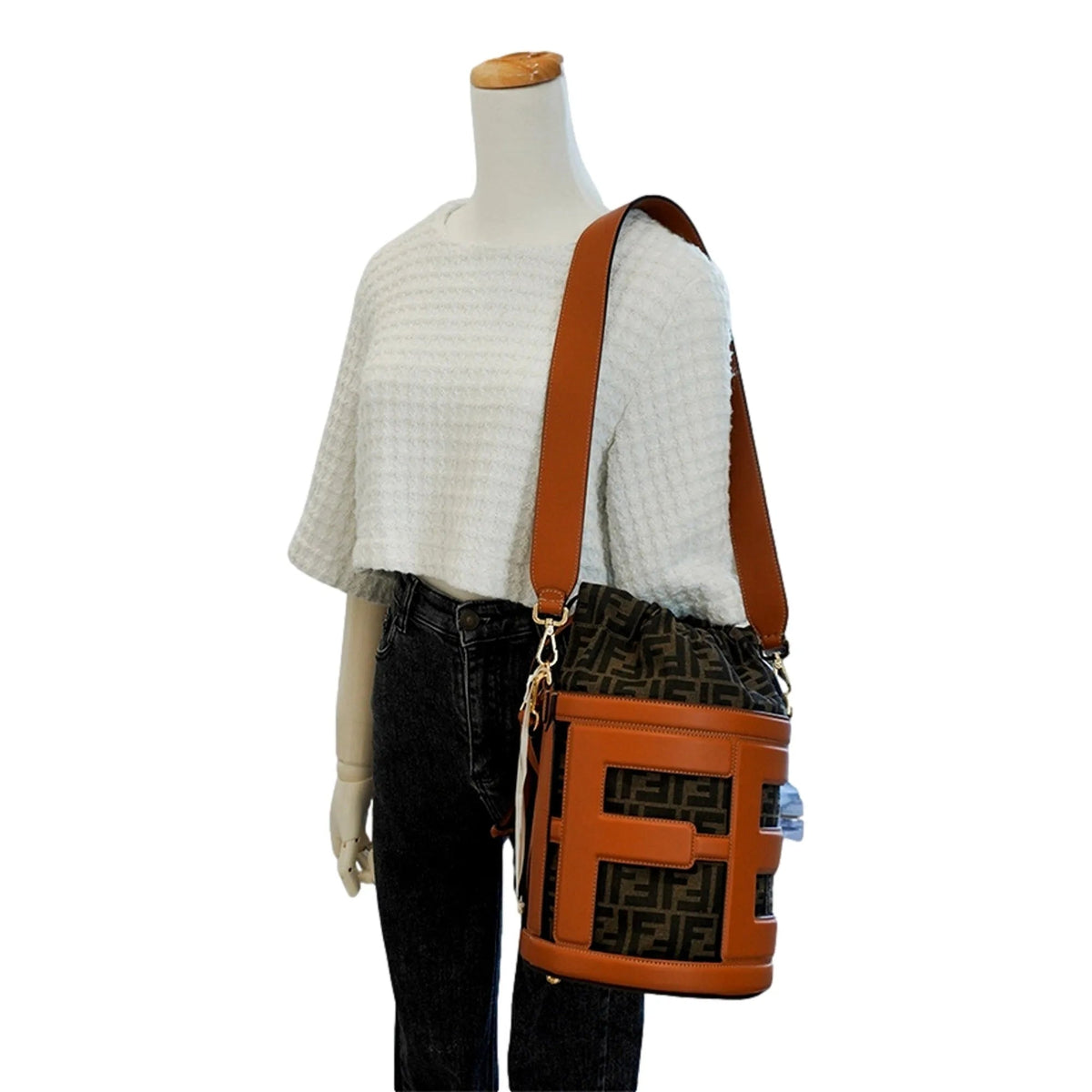 Fendi Step - Out Bucket Bag Brown Fabric and Leather Medium Fendi Logo - Handbags - Clayton's Online Store