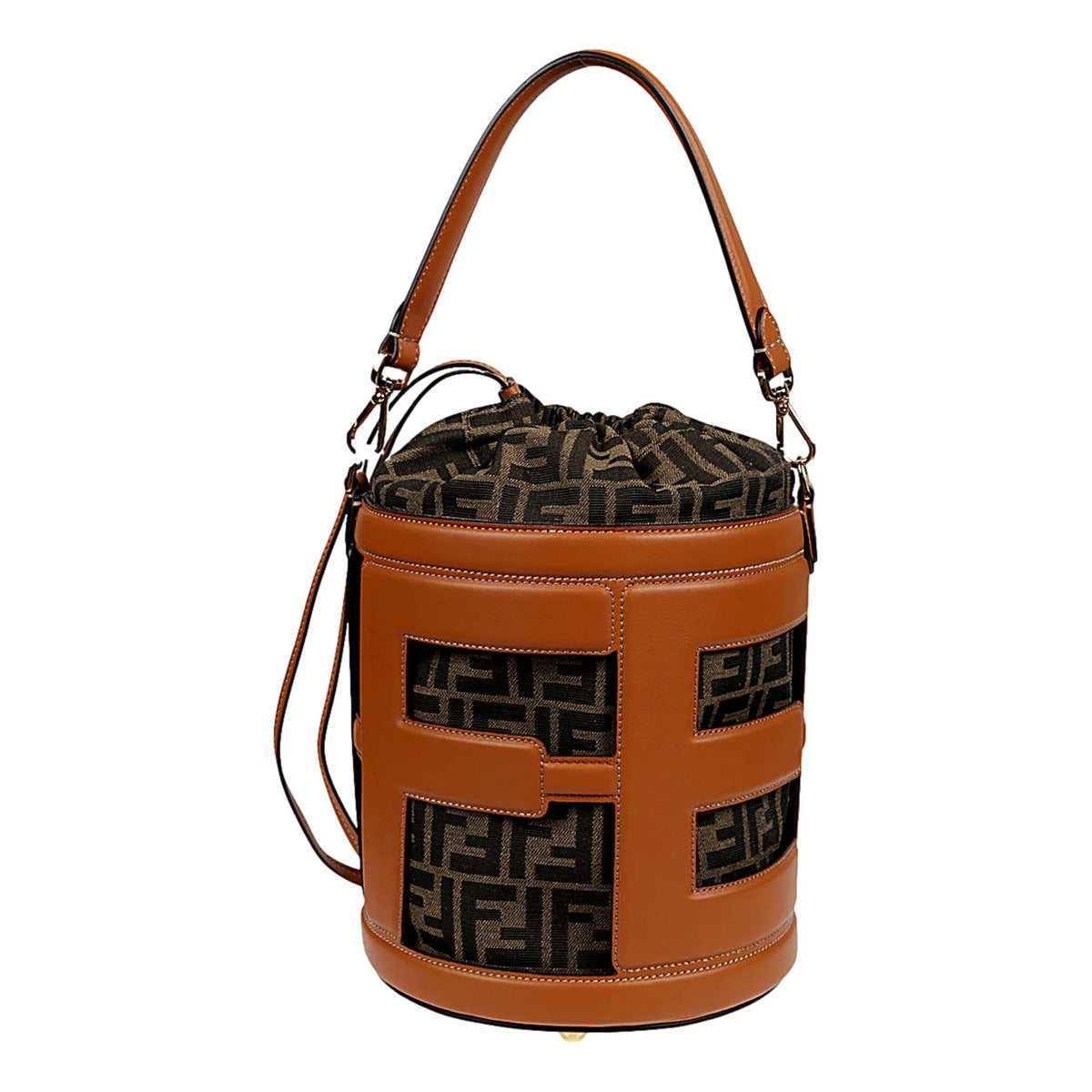 Fendi Step - Out Bucket Bag Brown Fabric and Leather Medium Fendi Logo - Handbags - Clayton's Online Store