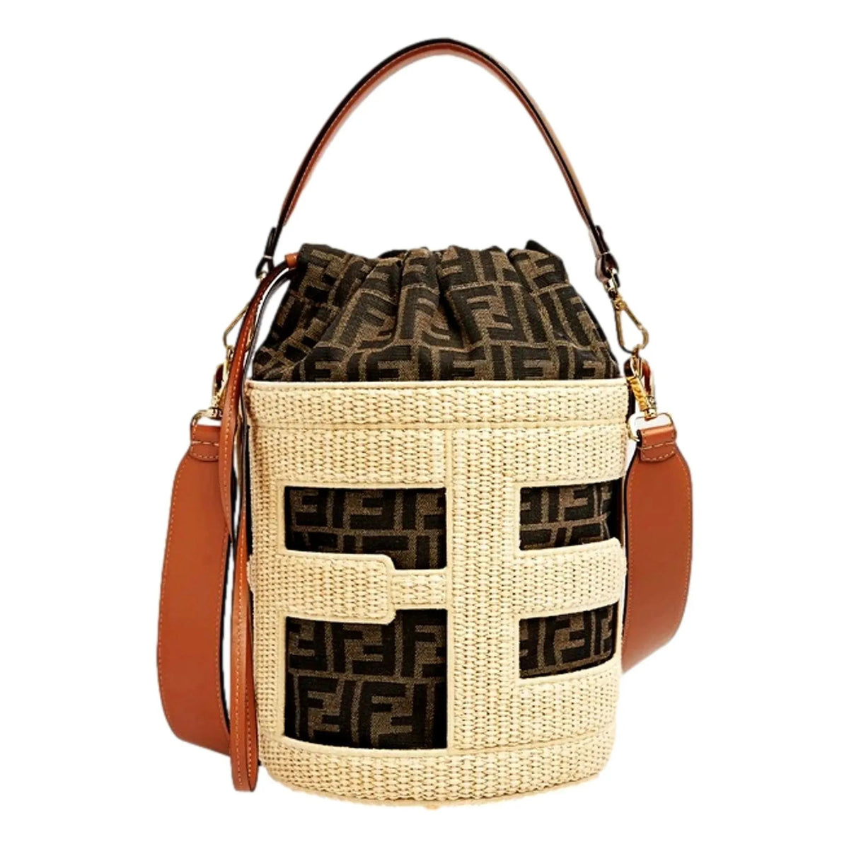 Fendi Step Out Straw and Canvas Medium Shoulder Bucket Bag - Handbags - Clayton's Online Store