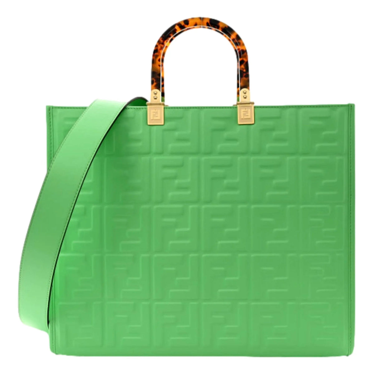 Fendi Sunshine Medium Plexi FF Embossed Leather Tote Edamame Green - Handbags - Clayton's Online Store