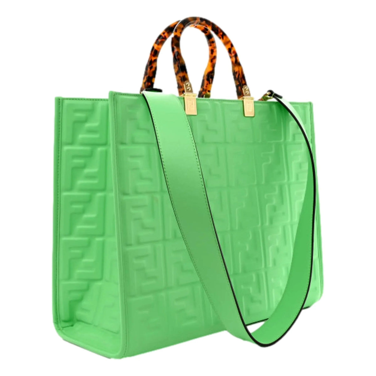 Fendi Sunshine Medium Plexi FF Embossed Leather Tote Edamame Green - Handbags - Clayton's Online Store