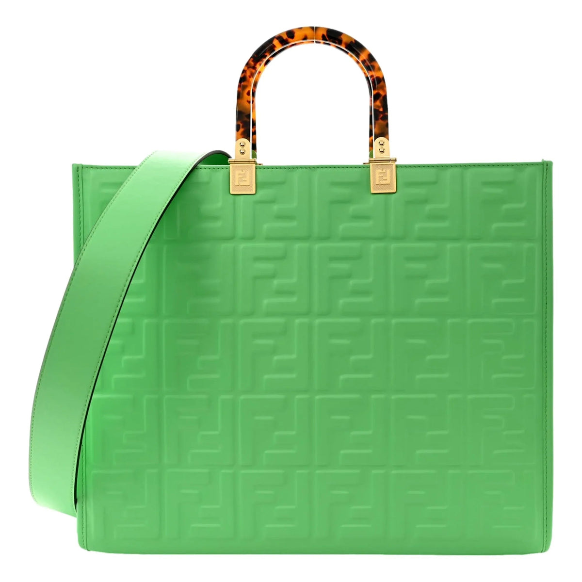 Fendi Sunshine Medium Plexi FF Embossed Leather Tote Edamame Green - Handbags - Clayton's Online Store