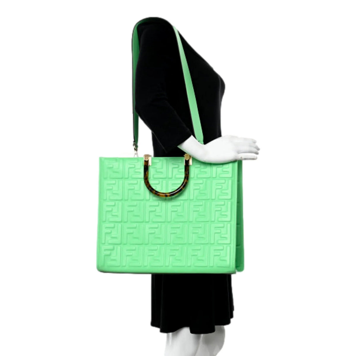 Fendi Sunshine Medium Plexi FF Embossed Leather Tote Edamame Green - Handbags - Clayton's Online Store