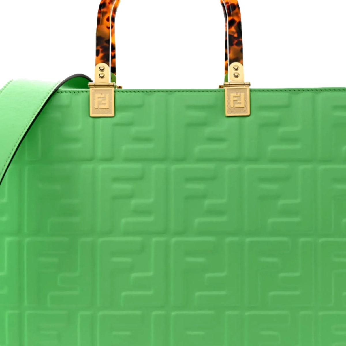 Fendi Sunshine Medium Plexi FF Embossed Leather Tote Edamame Green - Handbags - Clayton's Online Store