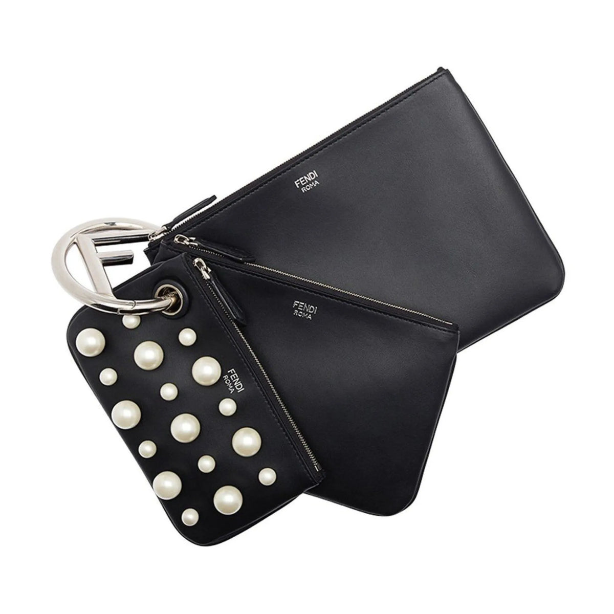 Fendi Black Leather Pearl Studded Triplette Multi Clutch Handbag