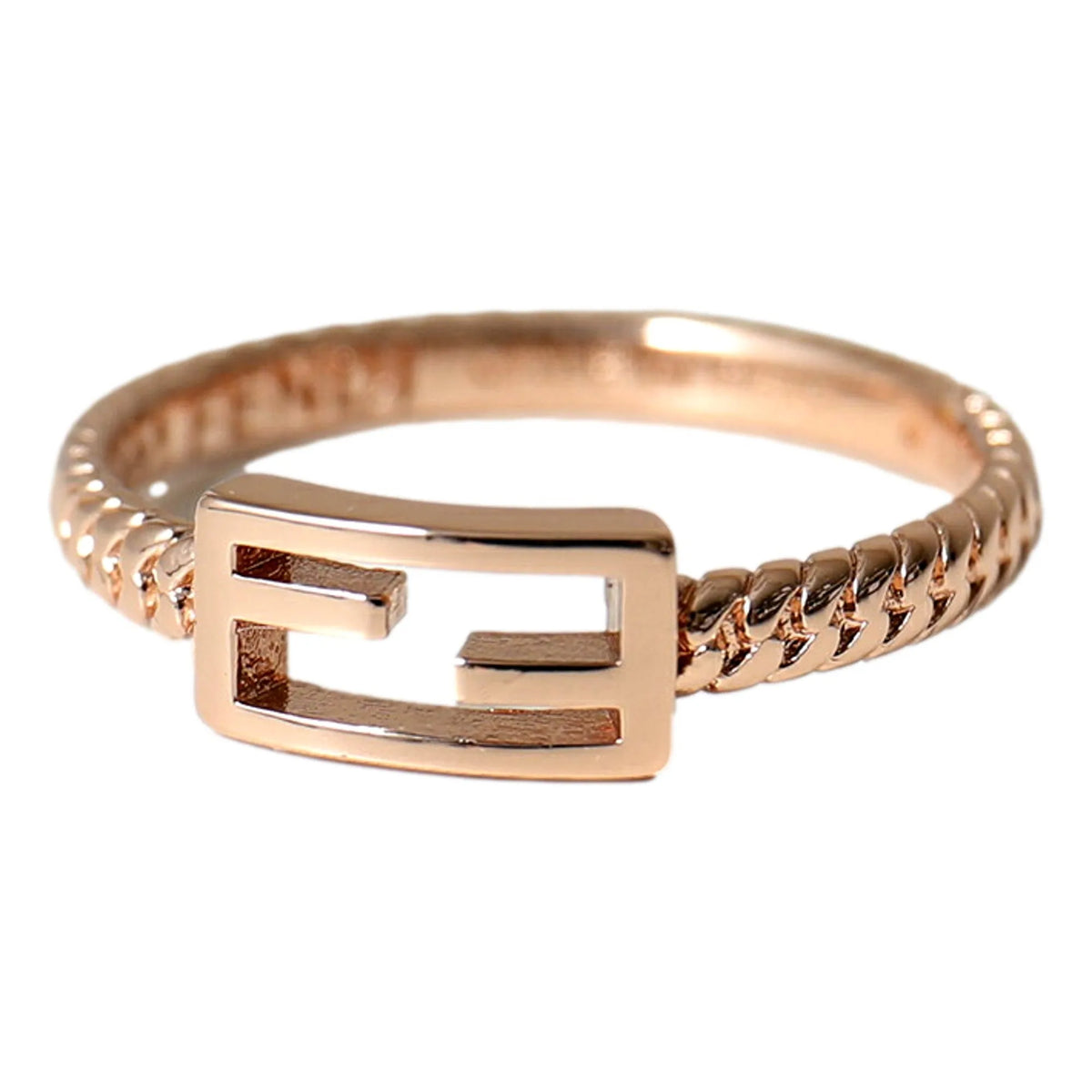 Fendi Baguette FF Logo Ring Rose Gold Twist Metal Band Size Large