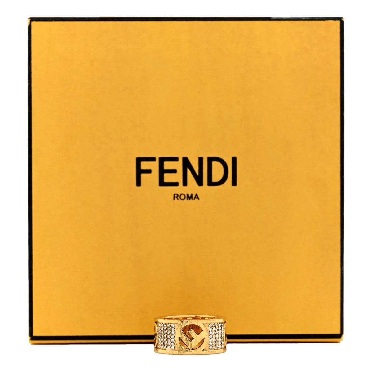 Fendi F is Fendi Logo Ring Wide Band Crystal Gold Metal Size Large