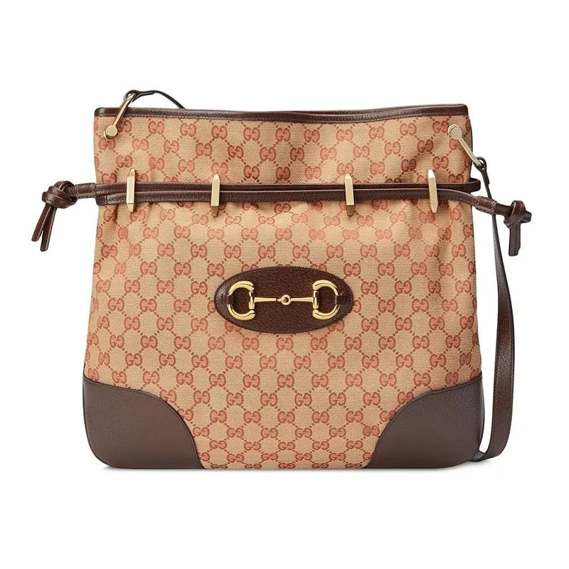 Gucci 1955 Horsebit Beige Canvas Drawstring Cross Body Bag