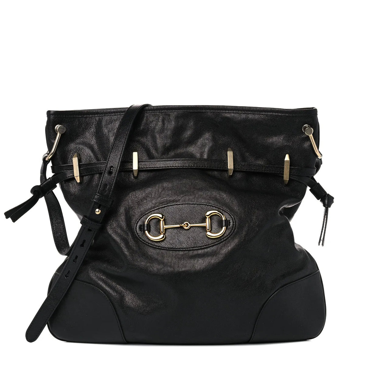 Gucci 1955 Morsetto Leather Horsebit Drawstring Black Bucket Bag