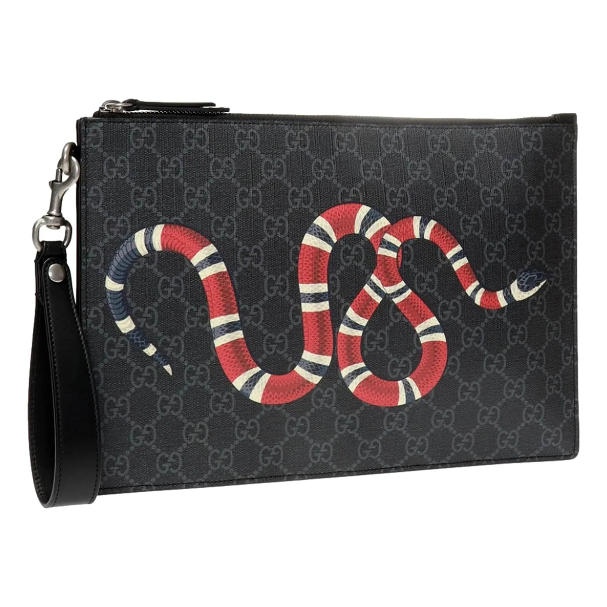 Gucci Bestiary Kingsnake Black GG Supreme Canvas Wristlet Clutch - Handbags - Clayton's Online Store