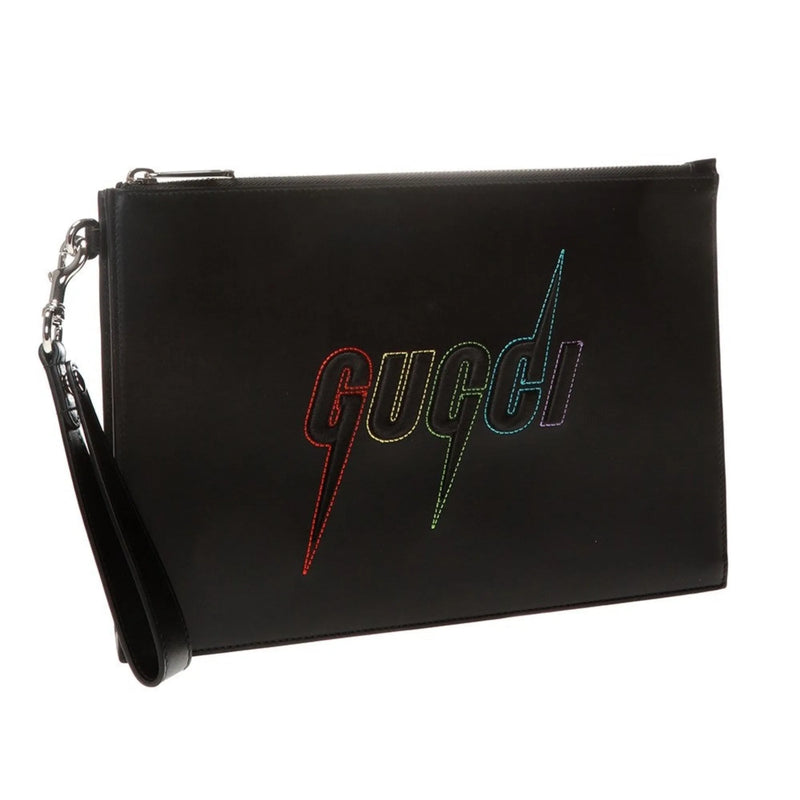 Gucci Blade Embroidered Black Leather Pouch Wristlet Bag