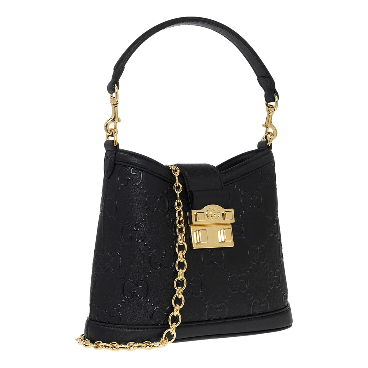 Gucci GG Black Embossed Pebbled Leather Gold Chain Shoulder Bag