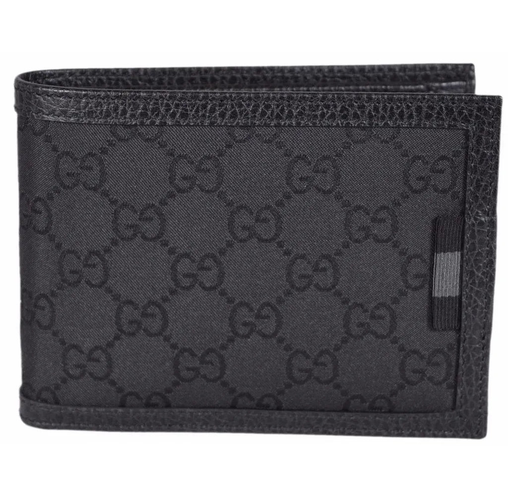 Gucci Men's Black Nylon GG Web Tab Trifold Passcase ID Wallet 217044