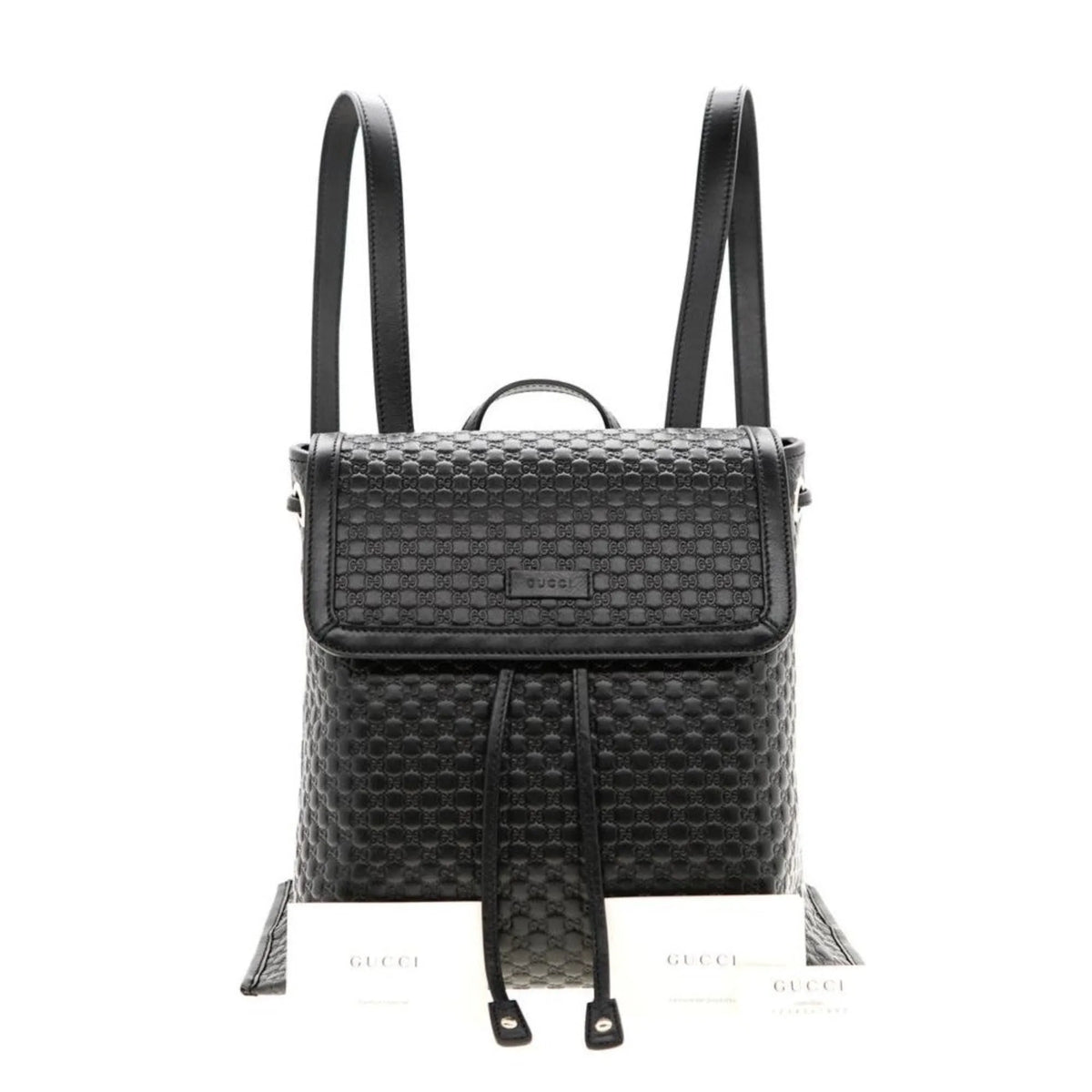 Gucci Microguccisima Black Leather Drawstring Backpack