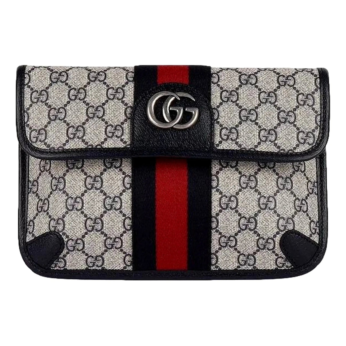 Gucci Ophidia Flap Belt Bag GG Beige Coated Canvas Navy and Red - Handbags - Clayton's Online Store