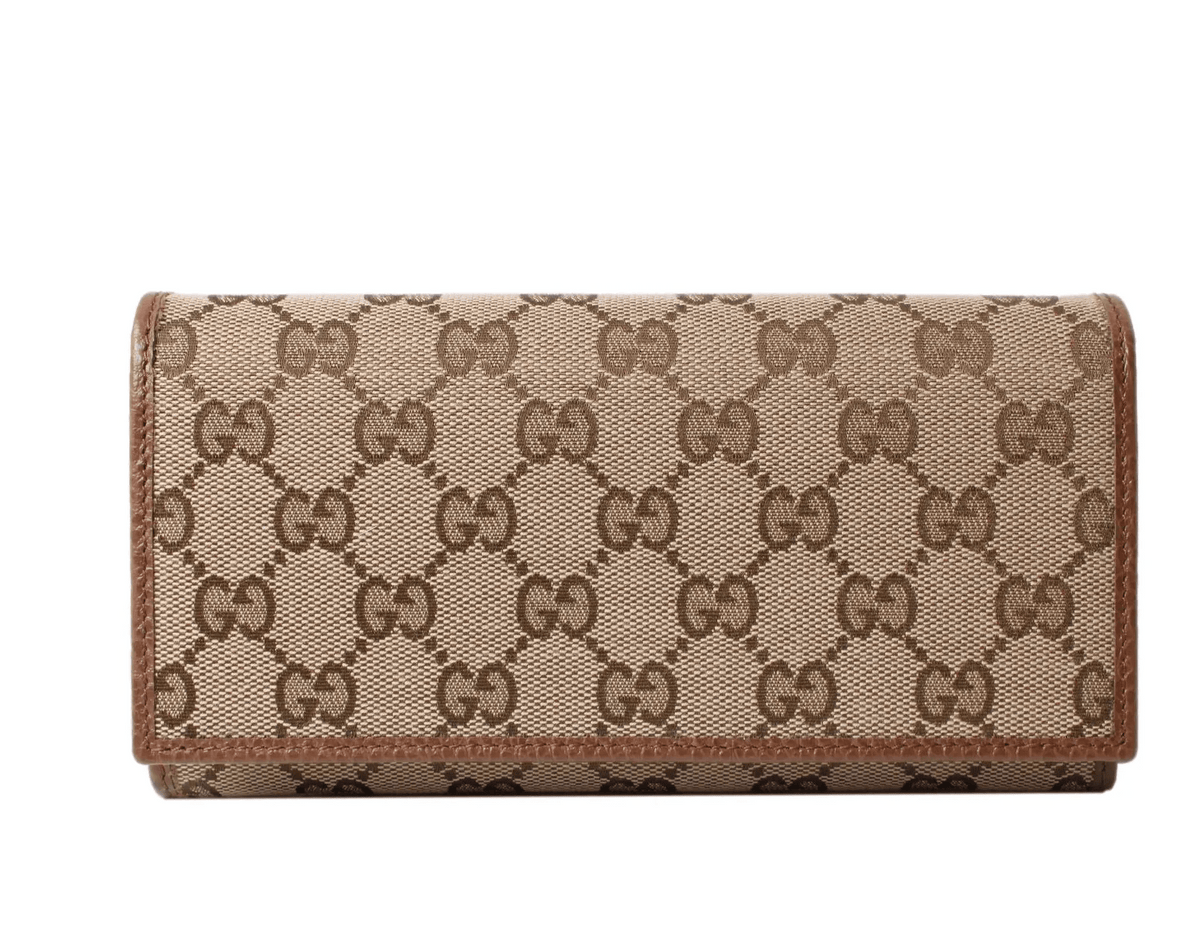 Gucci Original Beige GG Canvas Brown Leather Trim Long Wallet - Wallets - Clayton's Online Store