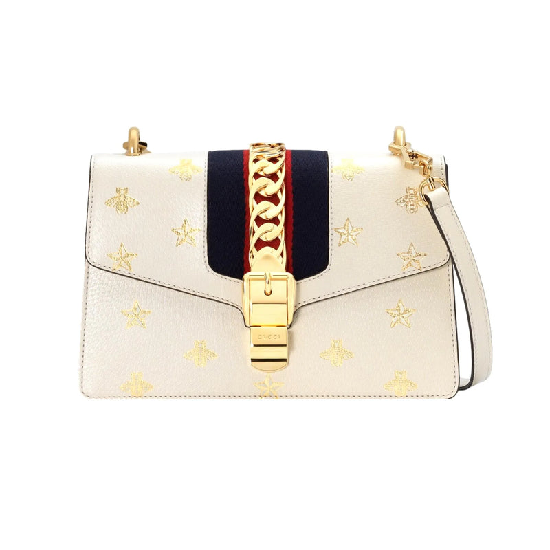 Gucci Sylvie Bee Star Ivory Leather Shoulder Bag