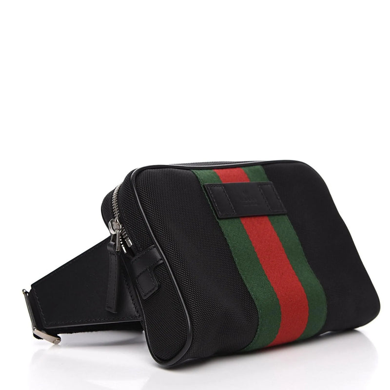 Gucci Techno Web Stripe Black Canvas Leather Trim Waist Belt Bag