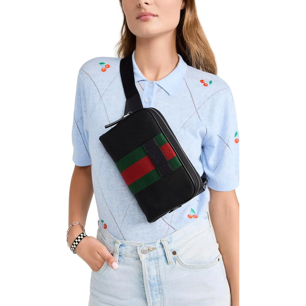 Gucci Techno Web Stripe Black Canvas Leather Trim Waist Belt Bag - Handbags - Clayton's Online Store