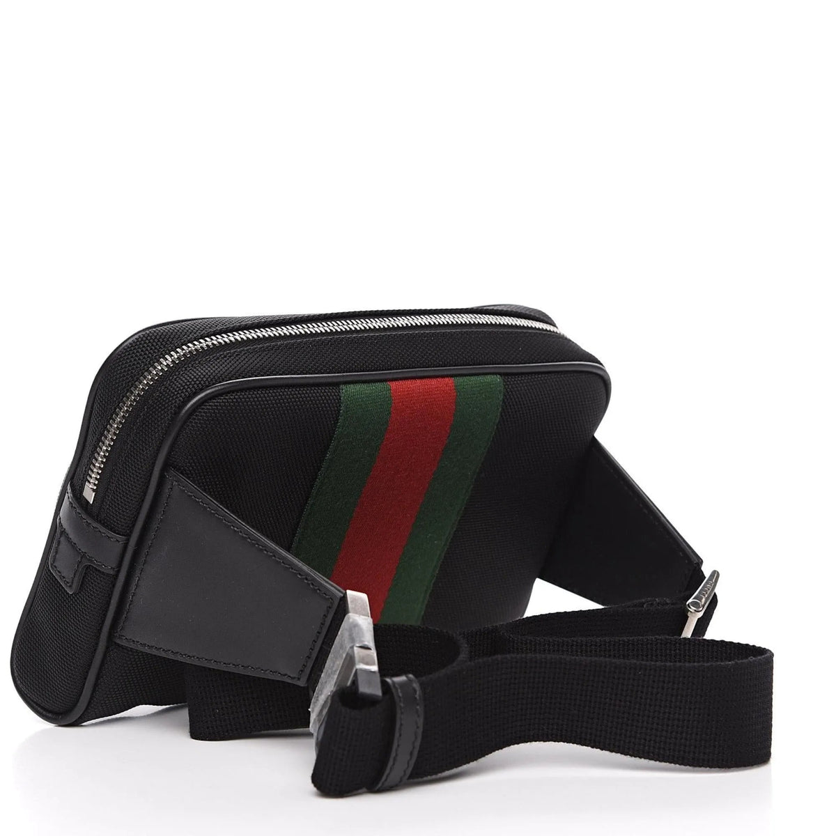 Gucci Techno Web Stripe Black Canvas Leather Trim Waist Belt Bag - Handbags - Clayton's Online Store