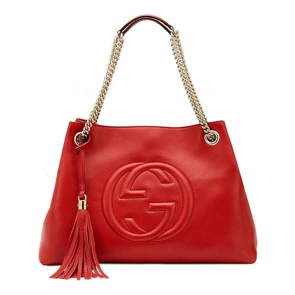 Gucci Soho Red Cellarius GG Logo Leather Chain Tote Bag