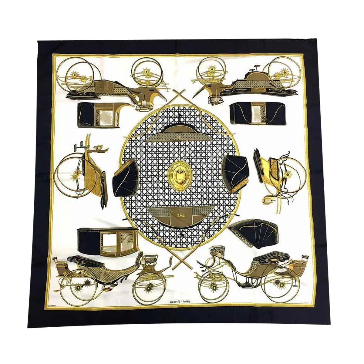 Hermes Les Voitures A Transformation Black and Gold Carriages Silk Scarf