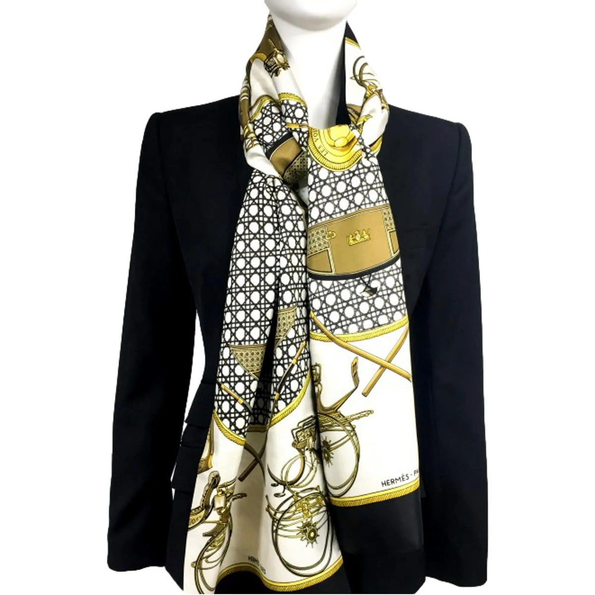 Hermes Les Voitures A Transformation Black and Gold Carriages Silk Scarf