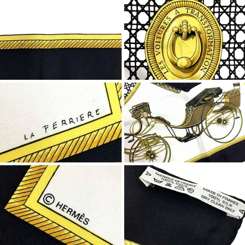 Hermes Les Voitures A Transformation Black and Gold Carriages Silk Scarf