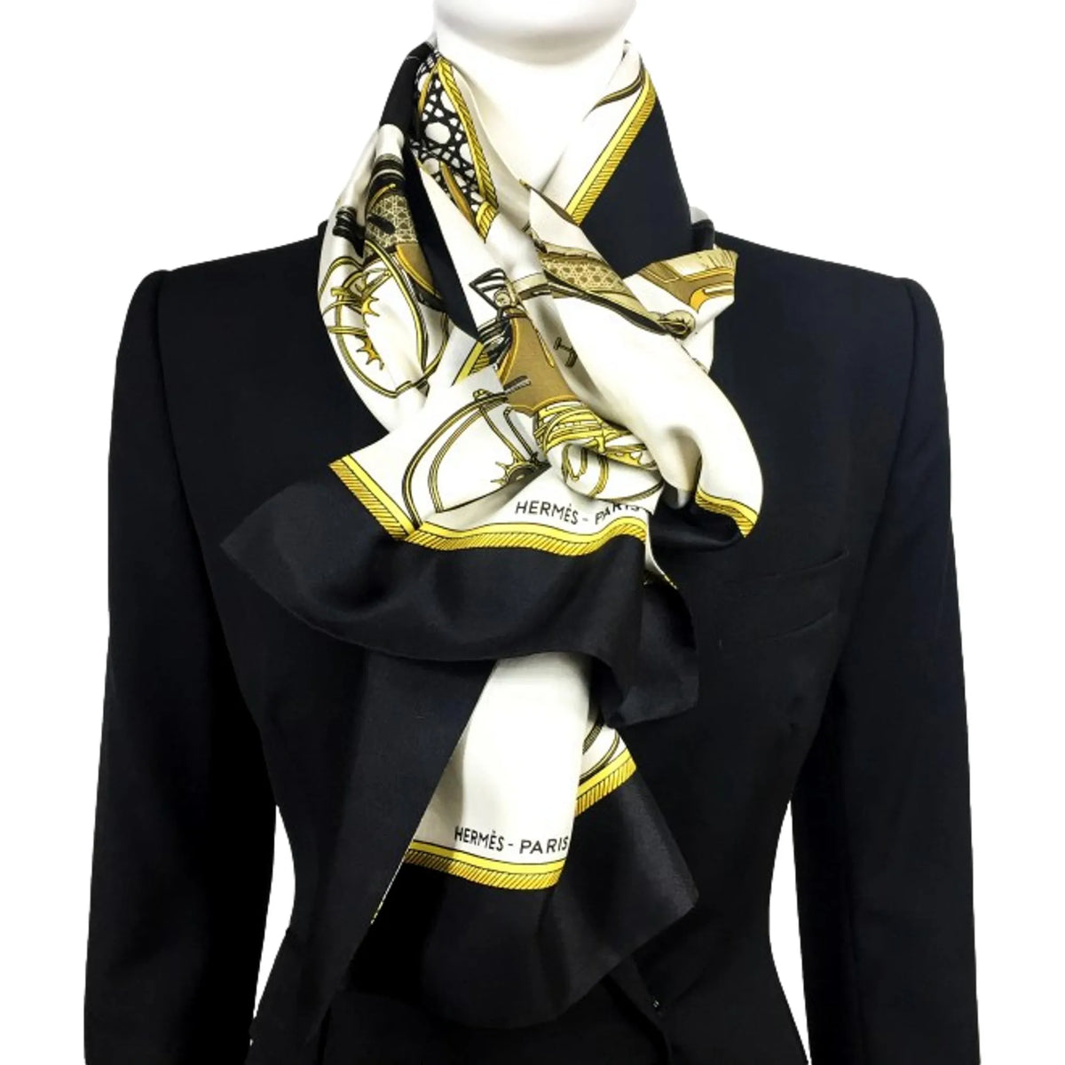 Hermes Les Voitures A Transformation Black and Gold Carriages Silk Scarf