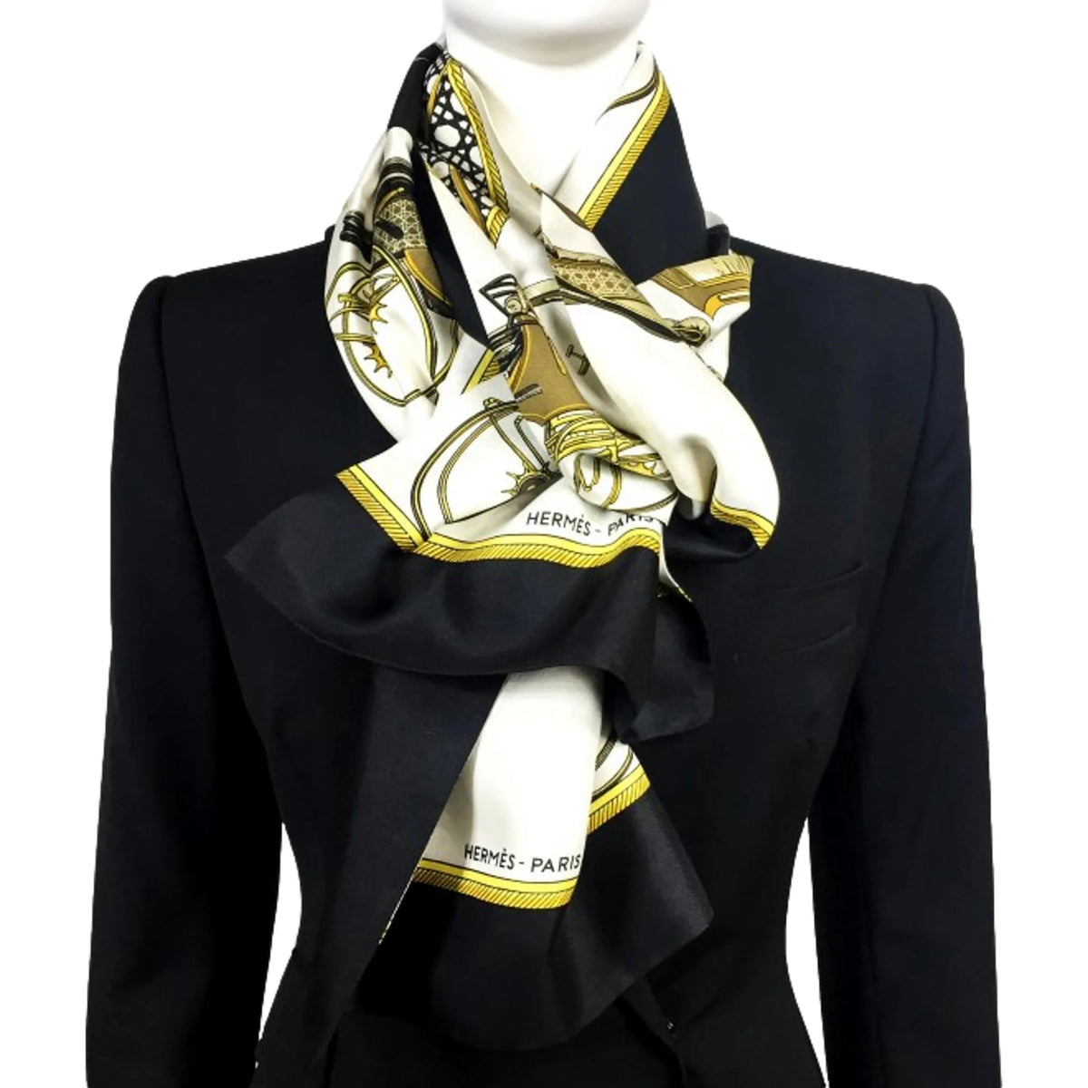 Hermes Les Voitures A Transformation Black and Gold Carriages Silk Scarf - Scarves and Shawls - Clayton's Online Store