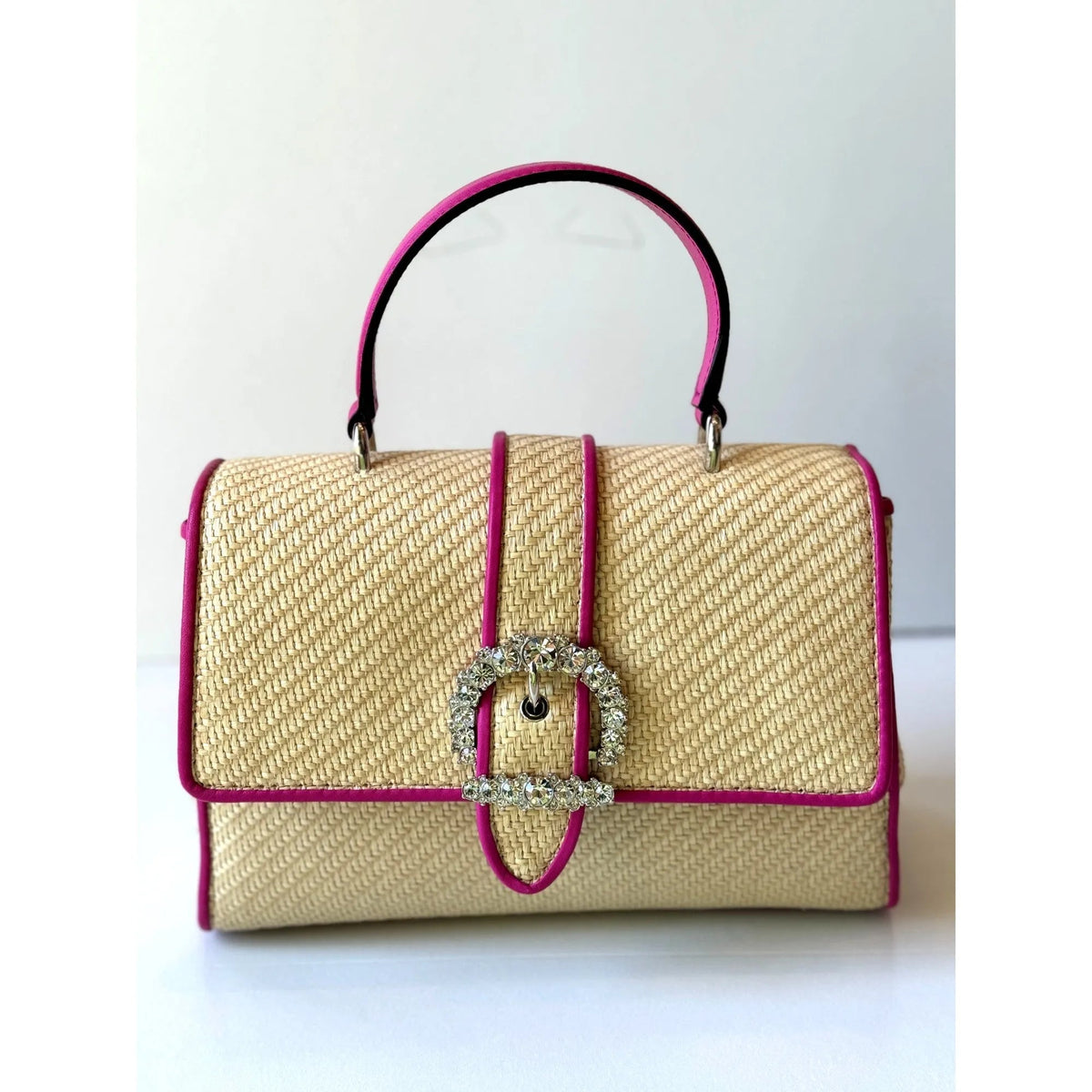 Jimmy Choo Cheri Crystal Medium Top Handle Bag Raffia Pink Leather Trim - Handbags - Clayton's Online Store