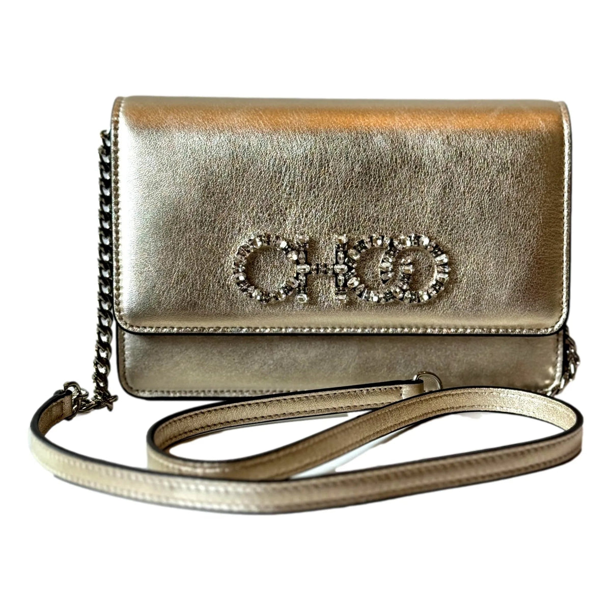 Jimmy Choo Kalina Crossbody Clutch Bag Crystal Logo Metallic Gold - Handbags - Clayton's Online Store