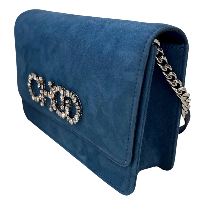 Jimmy Choo Kalina Parrot Blue Suede Chain Wallet