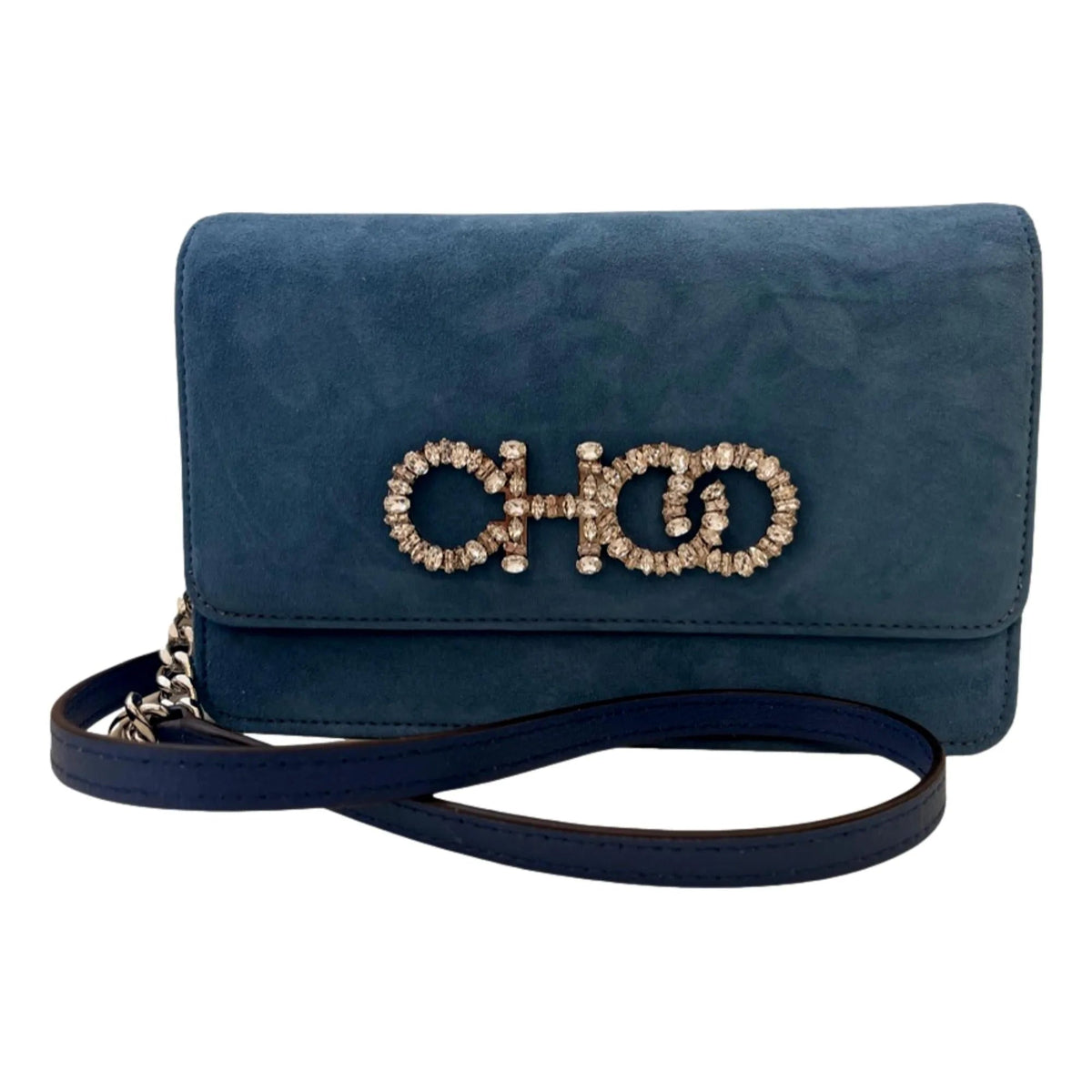 Jimmy Choo Kalina Parrot Blue Suede Chain Wallet - Handbags - Clayton's Online Store